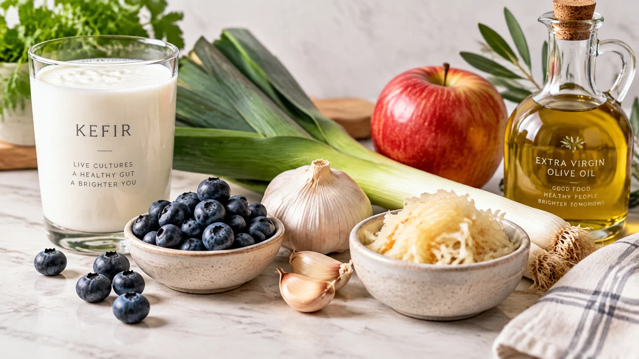 Alimentos que ayudan a reparar la barrera intestinal — kéfir, arándanos, ajo, chucrut